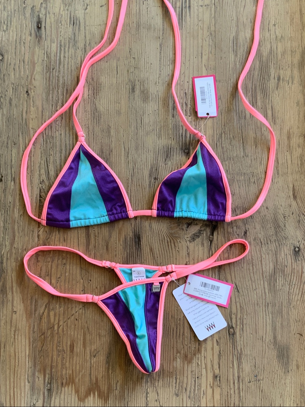 Neon Pink-Trim Triangle Bikini with Purple & Teal Panels